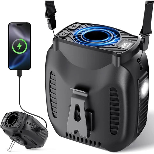 12000Mah Portable Waist Fan Rechargeable, 16000RPM 5-Speeds Strong Airflow, 48H Runtime with Flashlight, Personal Wearable Belt Fan for Camping, Outdoor, Jobsite, Black